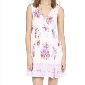 Free People Floral Chiffon Flowy V Neck Mini Dress Cream Pink Size Medium
